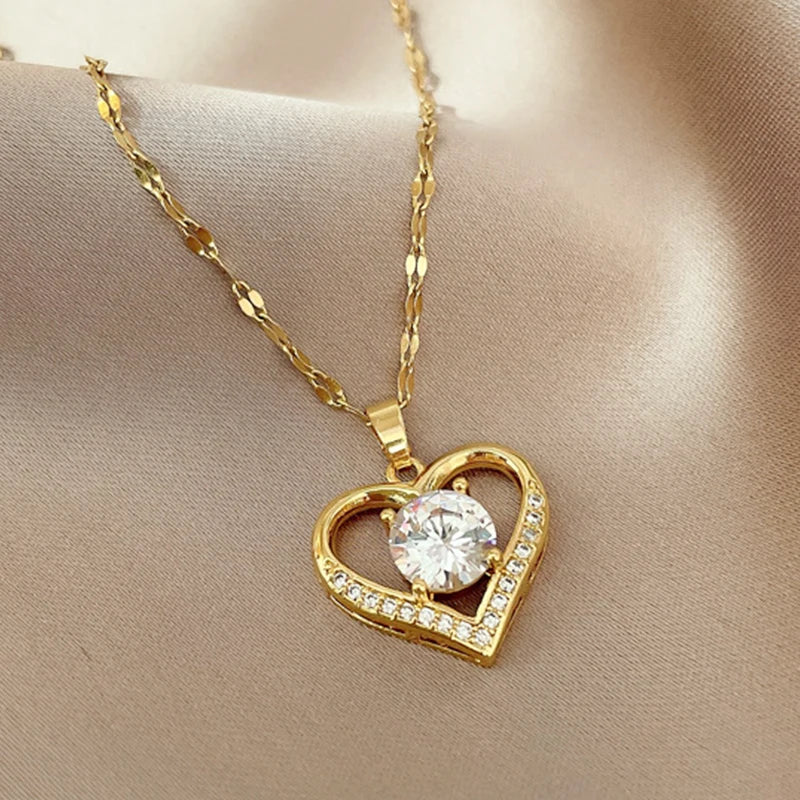 Golden Heart Zircon Pendant Necklace