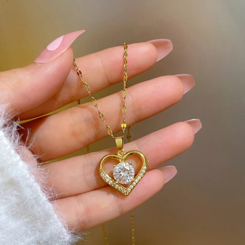 Golden Heart Zircon Pendant Necklace