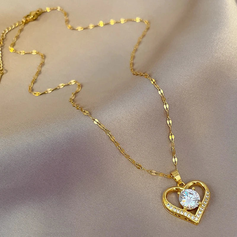 Golden Heart Zircon Pendant Necklace