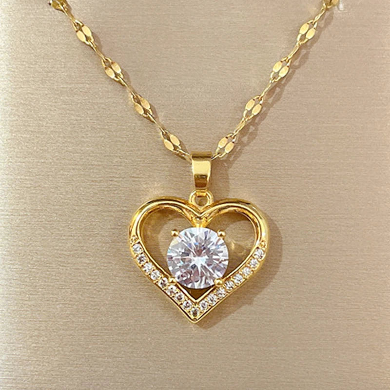 Golden Heart Zircon Pendant Necklace