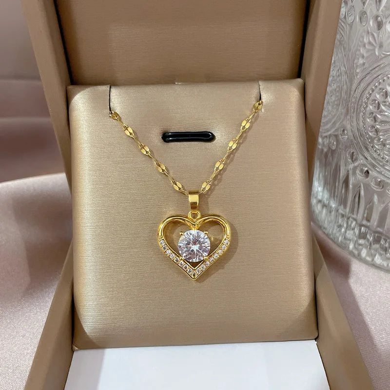 Golden Heart Zircon Pendant Necklace